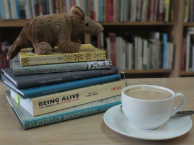 Coffee with books and toy aardvark